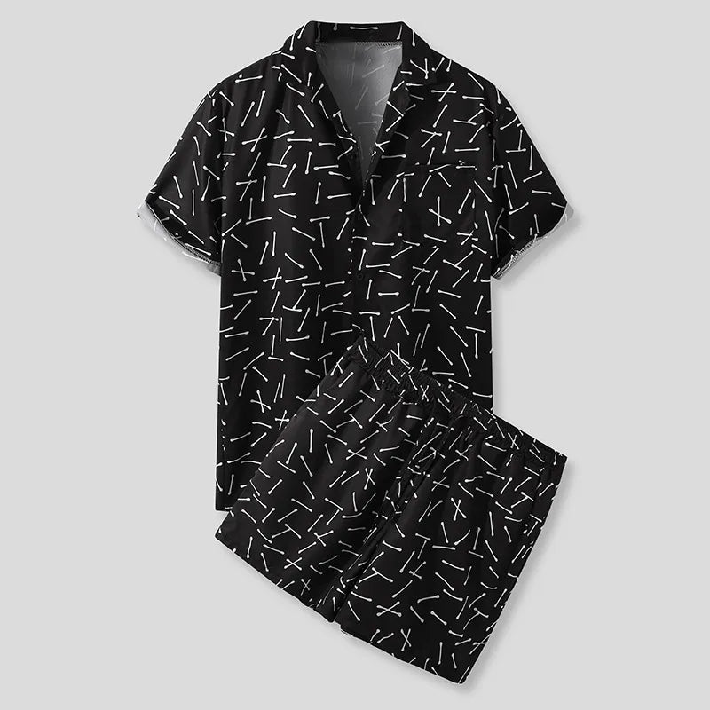 Black shirt and shorts set with white abstract line print