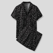 Black shirt and shorts set with white abstract line print