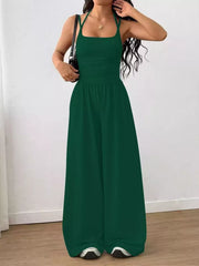 Women's spaghetti-strap wide-leg jumpsuit, green front view