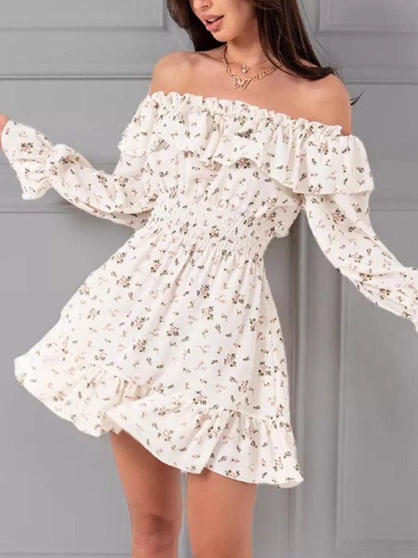 Model wearing the white floral off-shoulder ruffle dress with long sleeves and a short flared skirt.