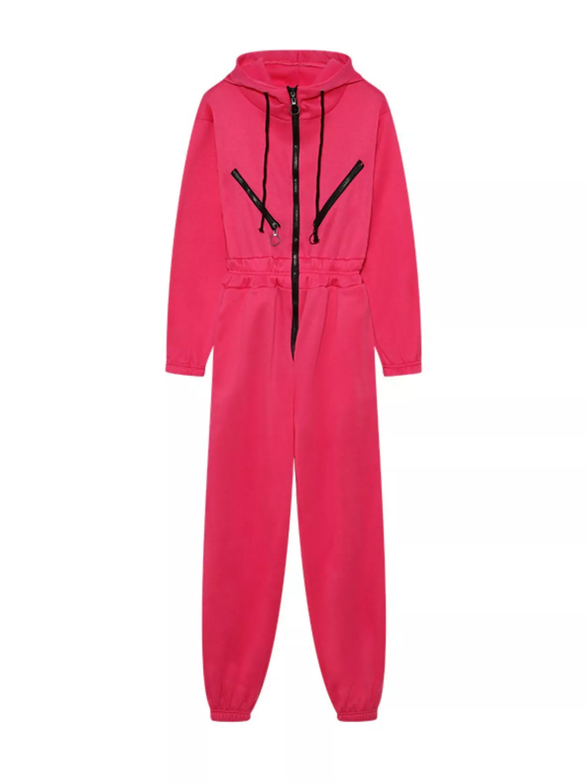 Women's bright pink hooded jumpsuit, full-length flat-lay front view