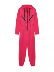 Women's bright pink hooded jumpsuit, full-length flat-lay front view