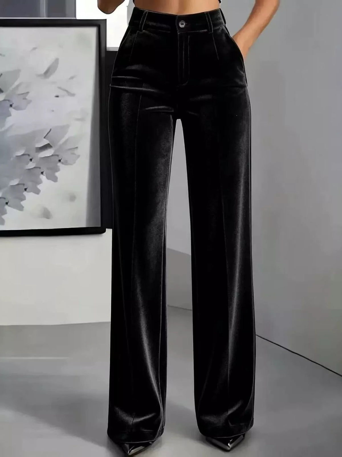 Black high-waisted velvet trousers with wide legs, full front view