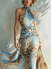 Close front view of sky-blue printed halter neckline and waist ties