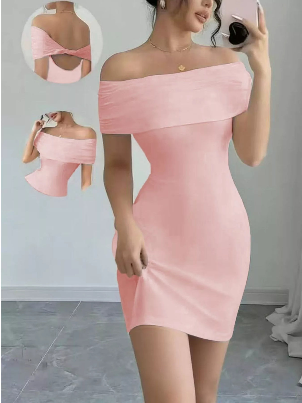 Closer front view of the pale pink off-shoulder mini dress and its fitted shape.