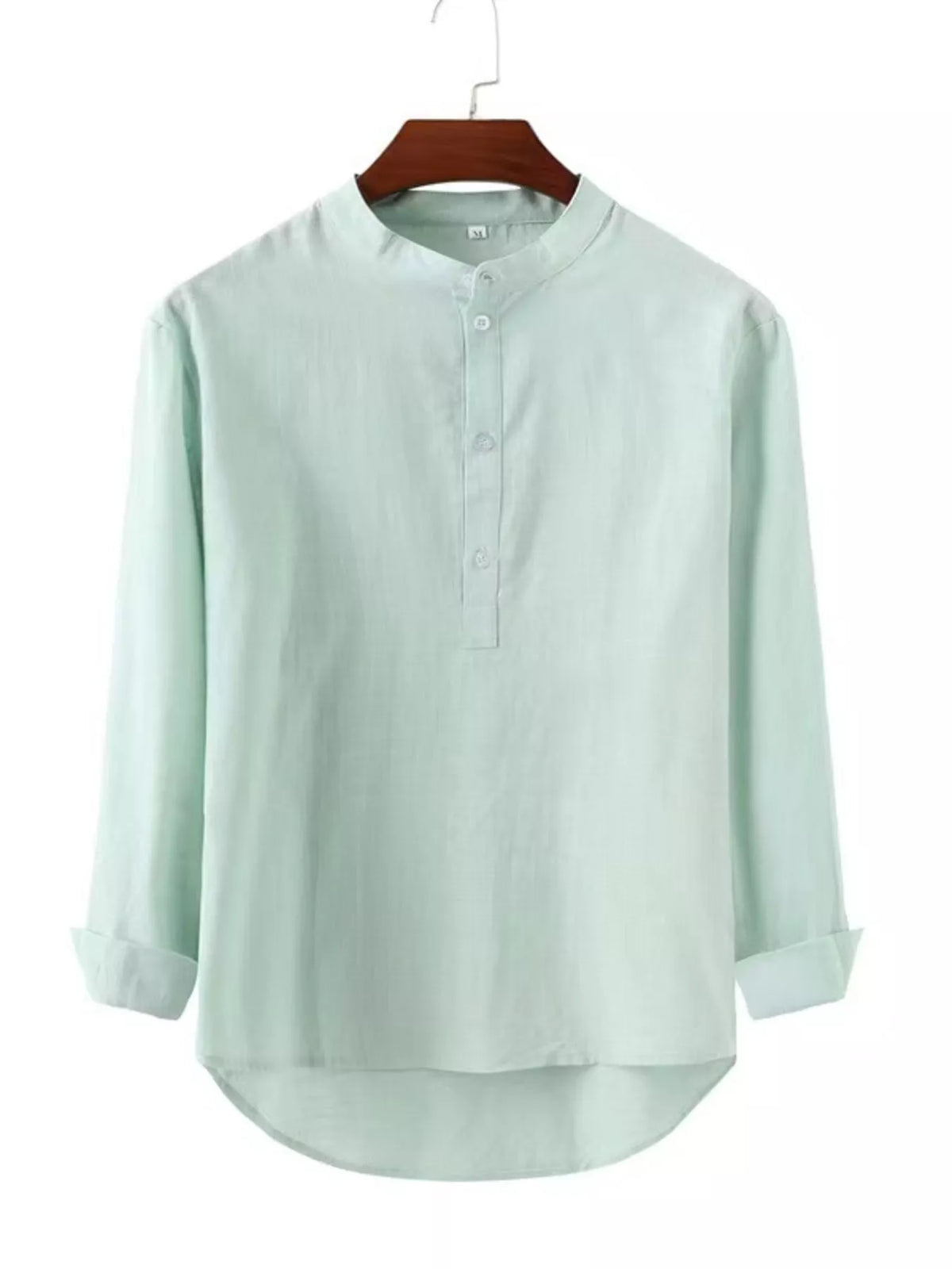 Front view of a pale mint long-sleeve shirt on a hanger