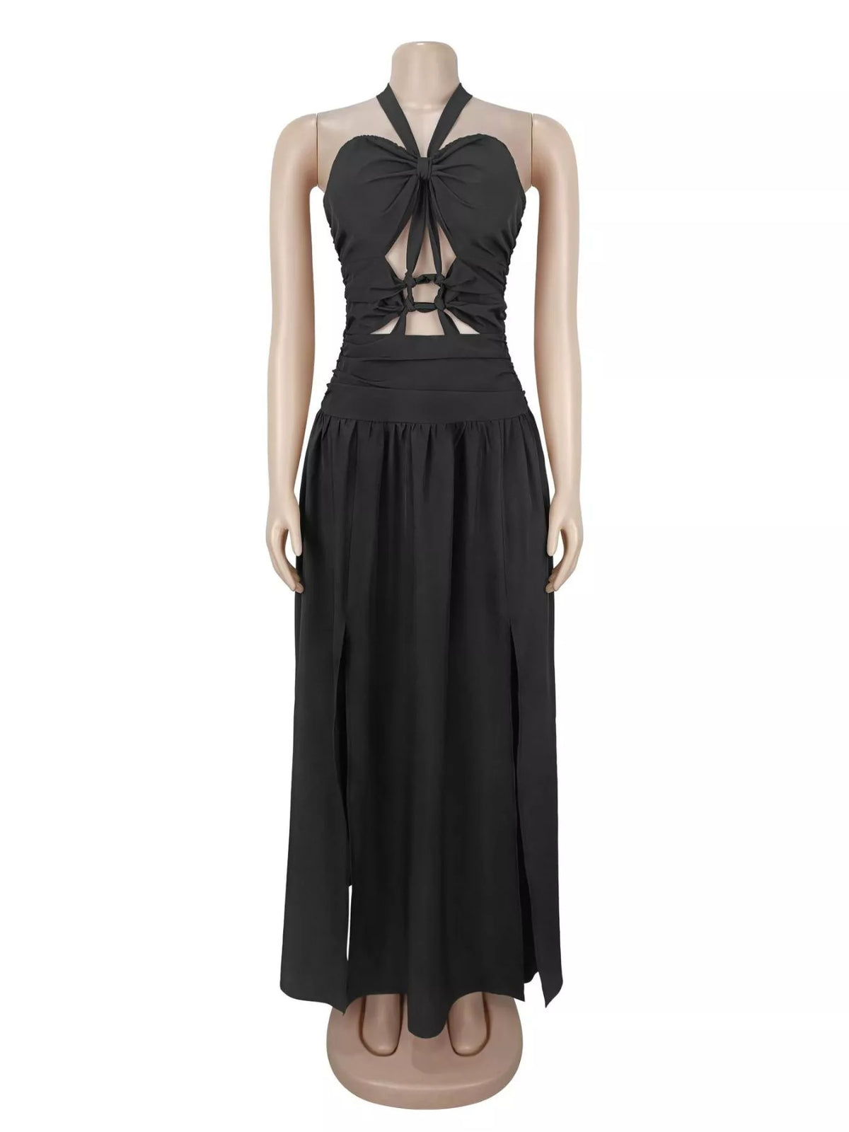 Black cut-out halter maxi dress on dress form, front view