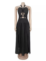 Black cut-out halter maxi dress on dress form, front view