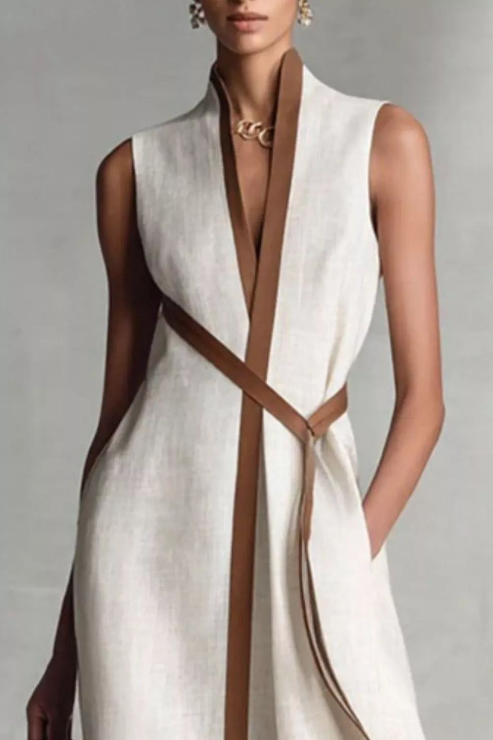 White sleeveless midi dress showing contrast belt and pockets