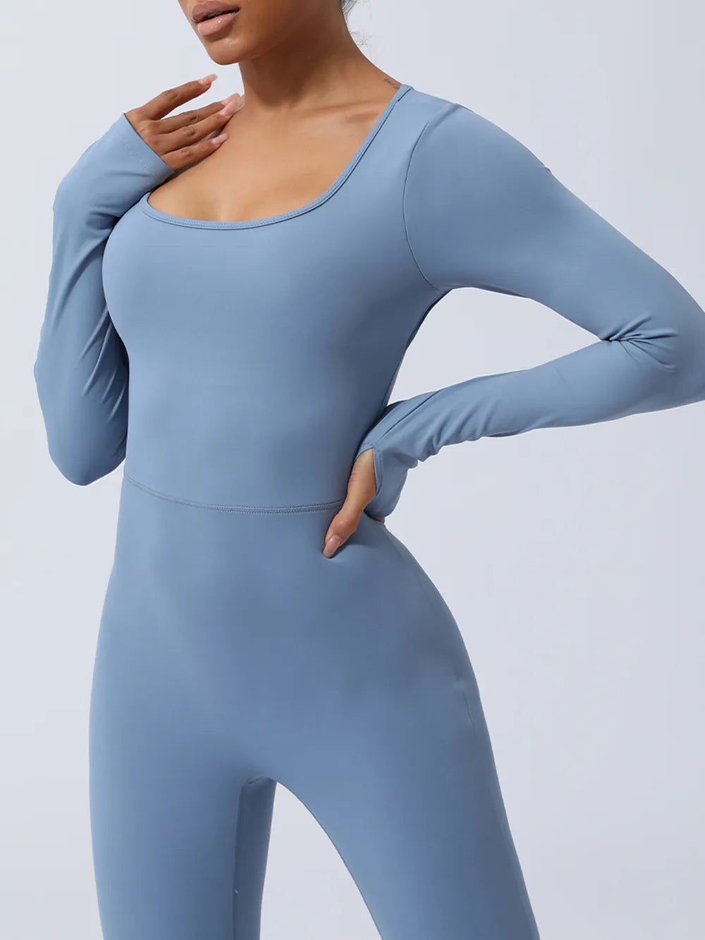 Light blue jumpsuit bodice and scoop neckline detail