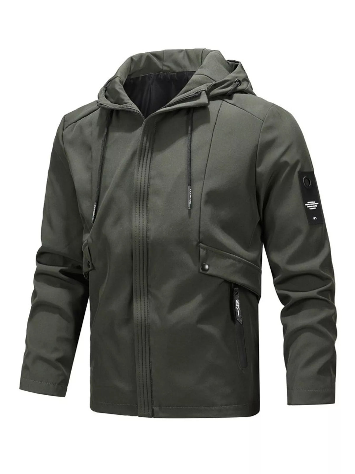 Dark olive hooded men's windproof jacket with front zip, drawcord hood and zippered pockets