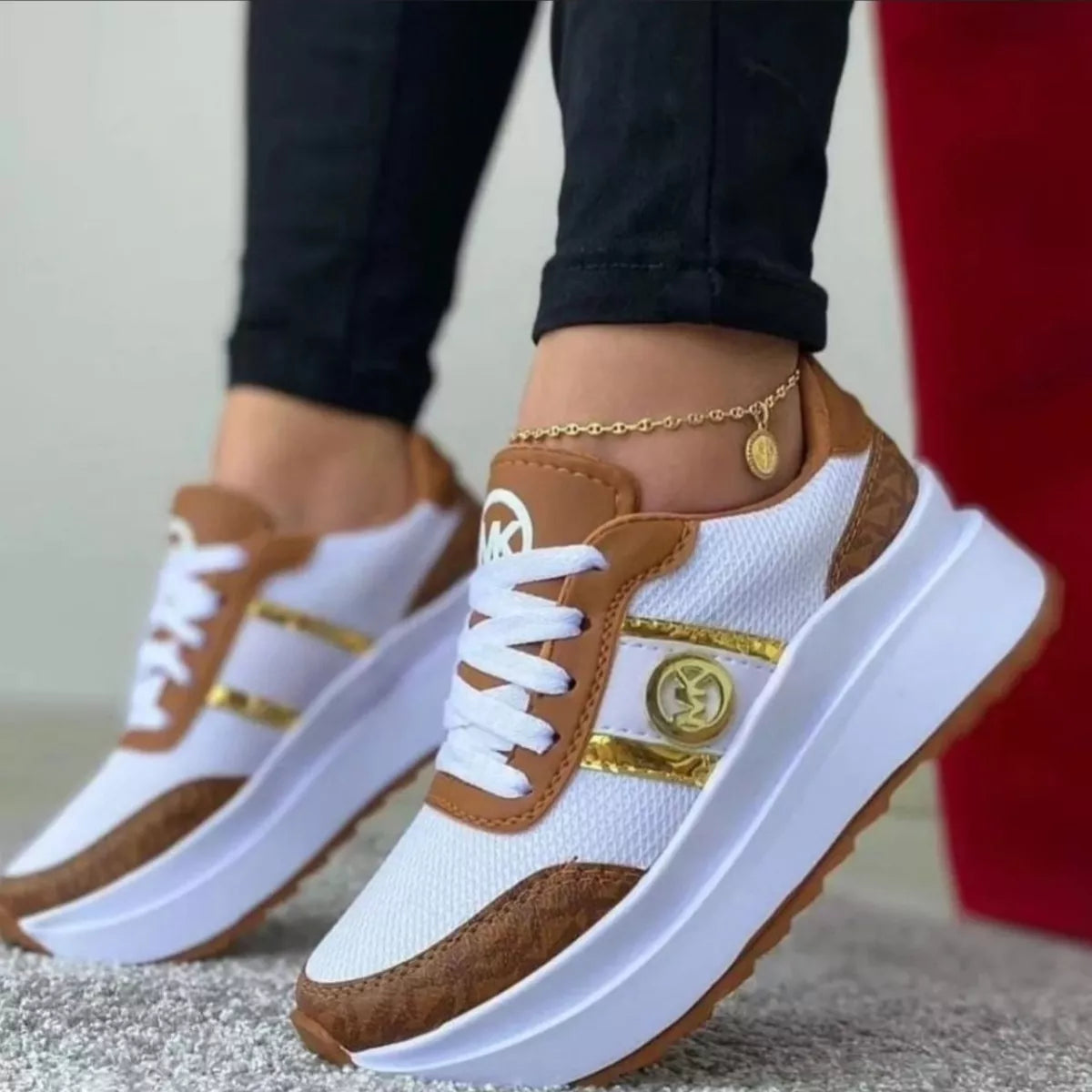 Brown patterned platform sneakers with white laces