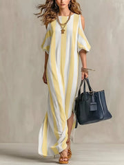 Yellow and white striped cold-shoulder maxi dress shown full length