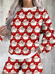 Women's Christmas Santa-Print Top & Shorts Lounge Set: Red Santa-print top and shorts shown from the front.