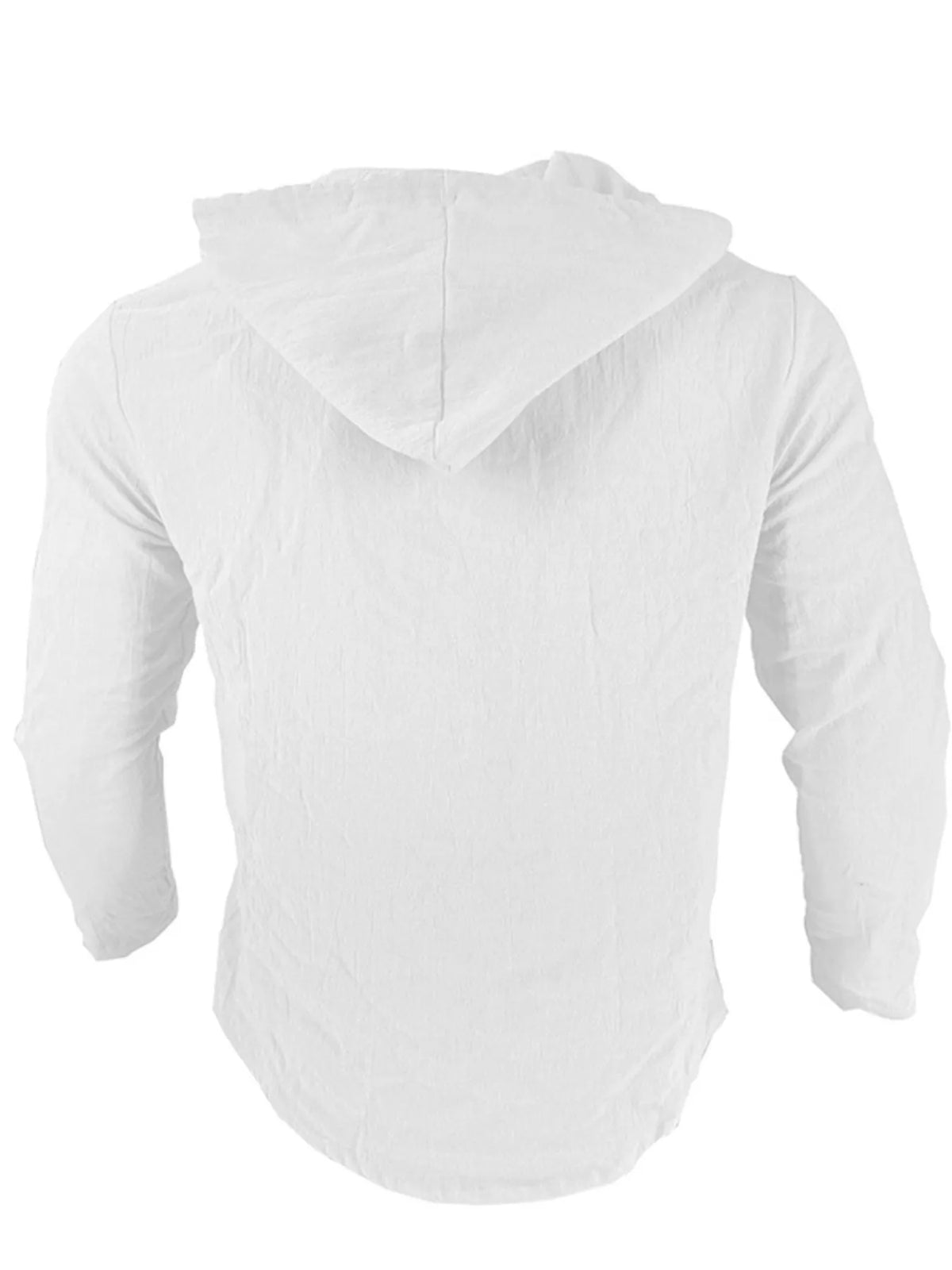 White hooded button-up shirt, back view