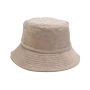 Khaki wide-brim bucket hat shown from the front