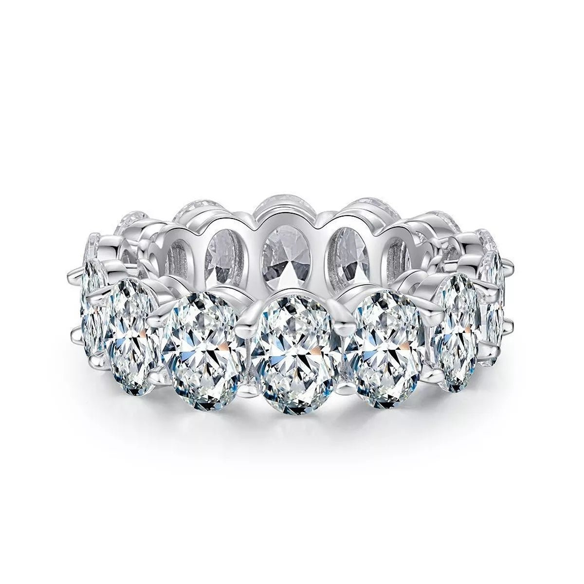 Side view showing the settings beneath the clear stones on the band.