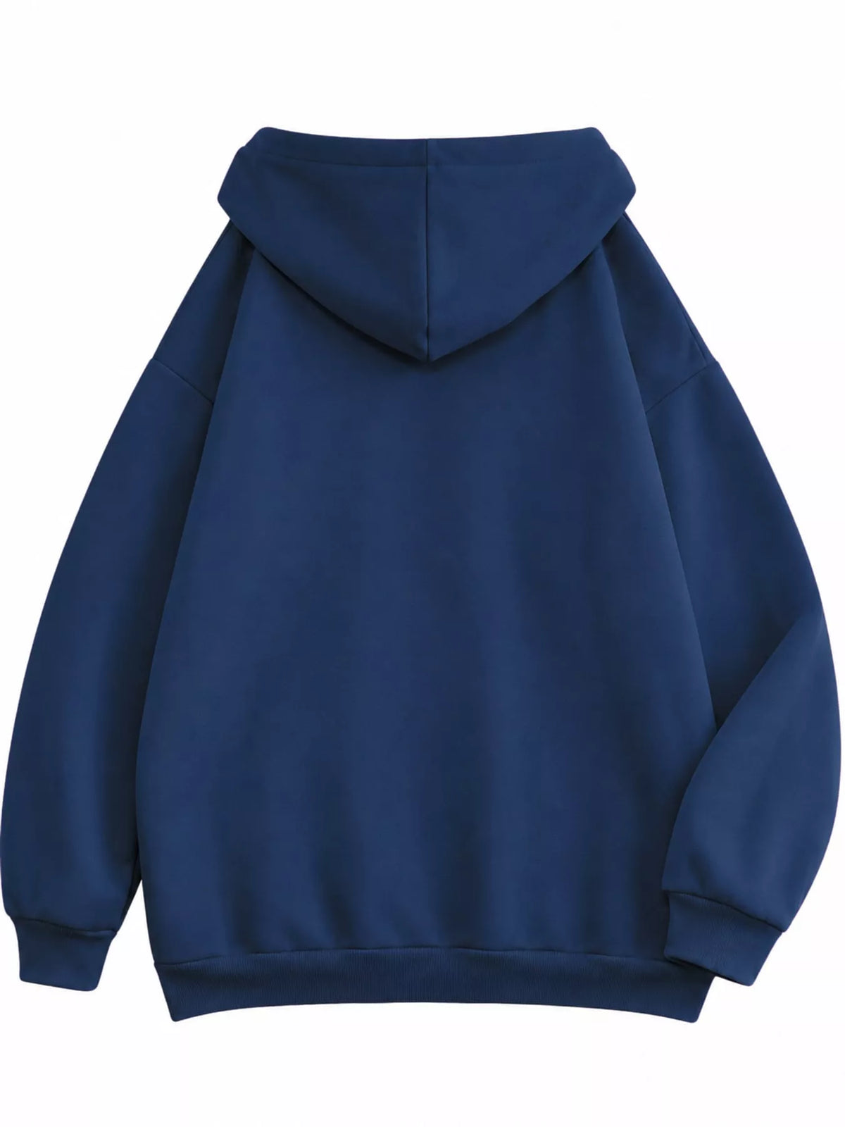 Back view of the navy hoodie with oversized hood and ribbed hem
