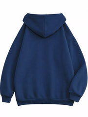 Back view of the navy hoodie with oversized hood and ribbed hem