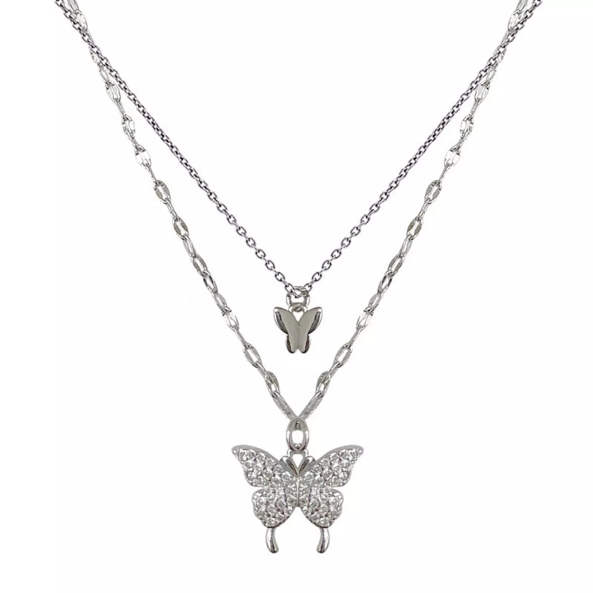 Double-layer butterfly necklace with sparkling stones shown against white background
