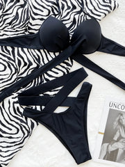 Black crisscross halter bikini set laid flat, front view