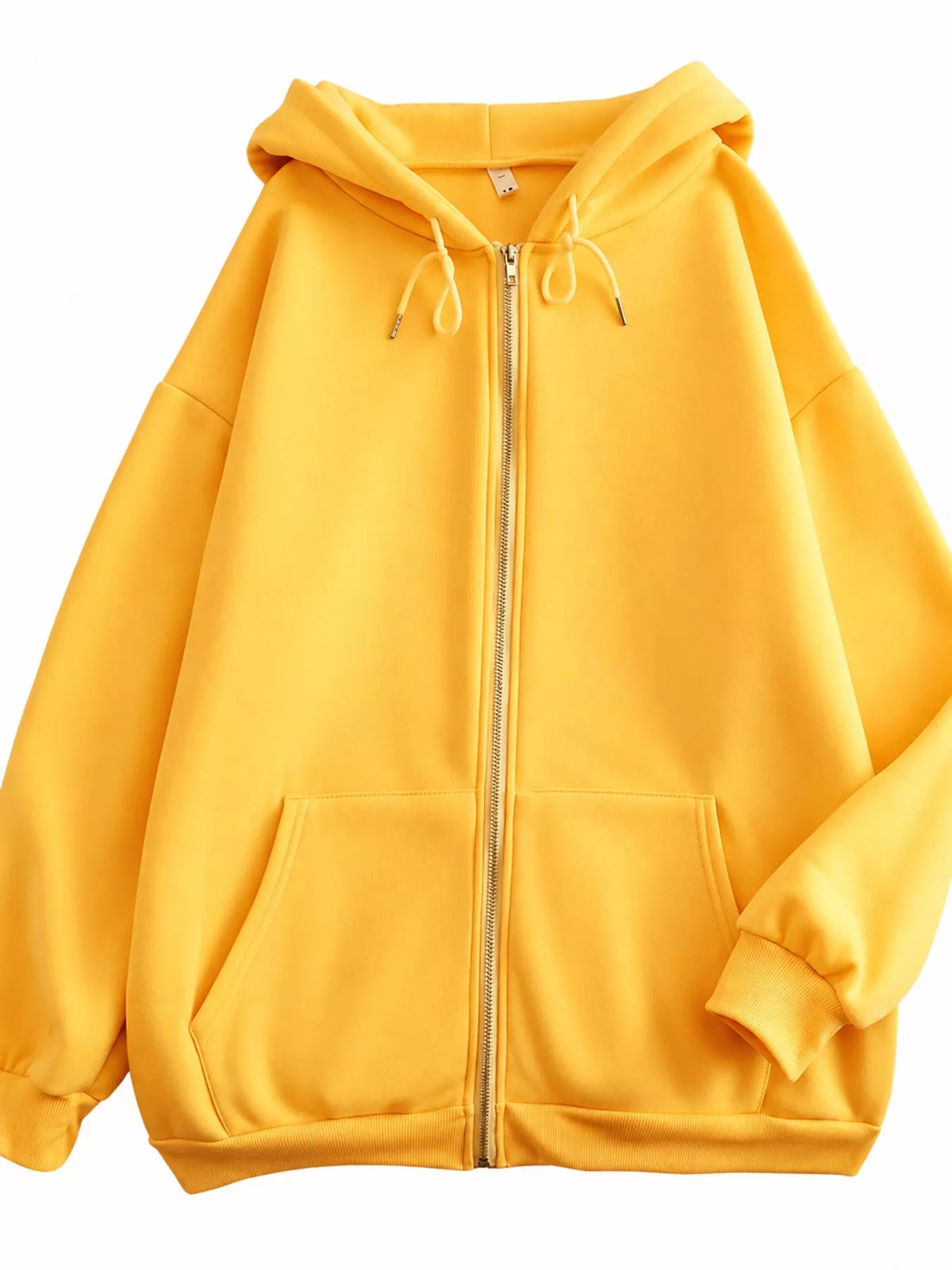Front view of the golden yellow oversized zip-up hoodie with drawstring hood and pockets