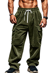 Close view of the ribbed corduroy texture and cargo pocket