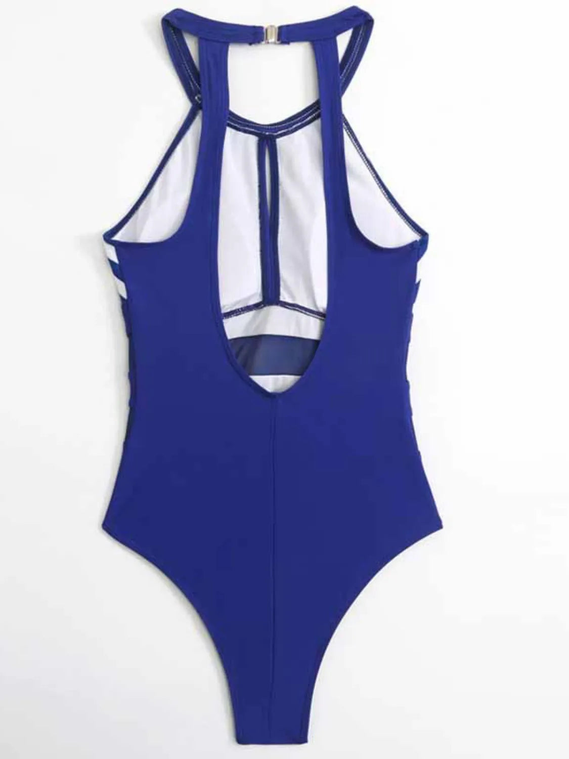 Blue open-back one-piece swimsuit laid flat, back view with neck clasp