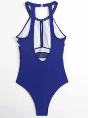 Blue open-back one-piece swimsuit laid flat, back view with neck clasp
