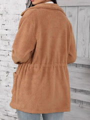 Drawstring zip-up long-sleeve outerwear in camel back view