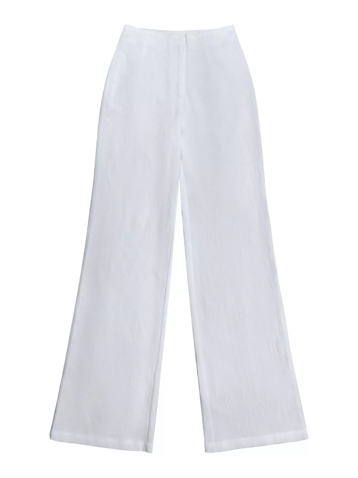 White wide-leg pants shown separately from the two-piece set.