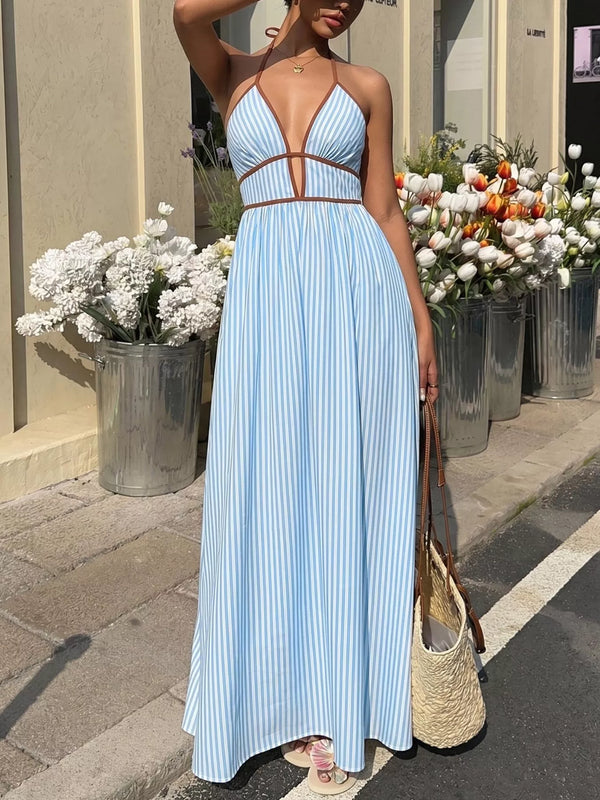 Blue striped halter maxi dress showing open neckline