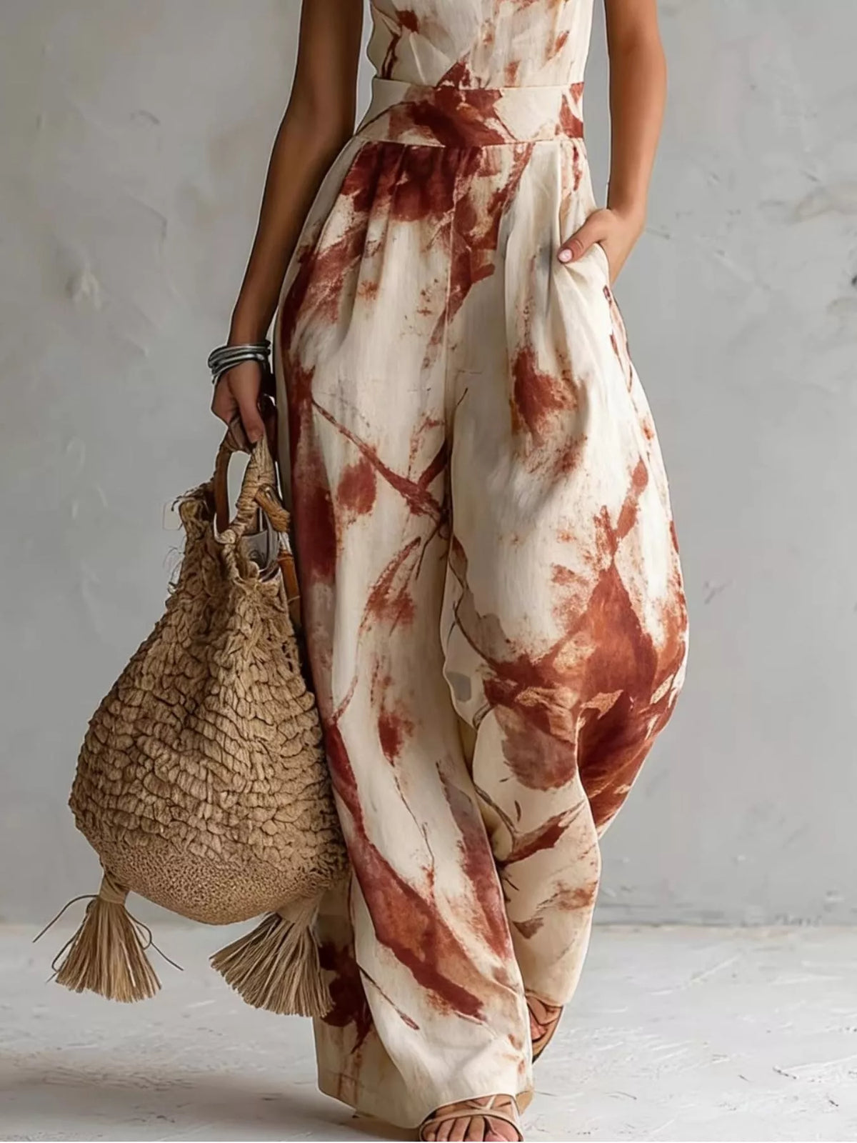 Lower view of the rust-print jumpsuit showing wide legs and a side pocket.