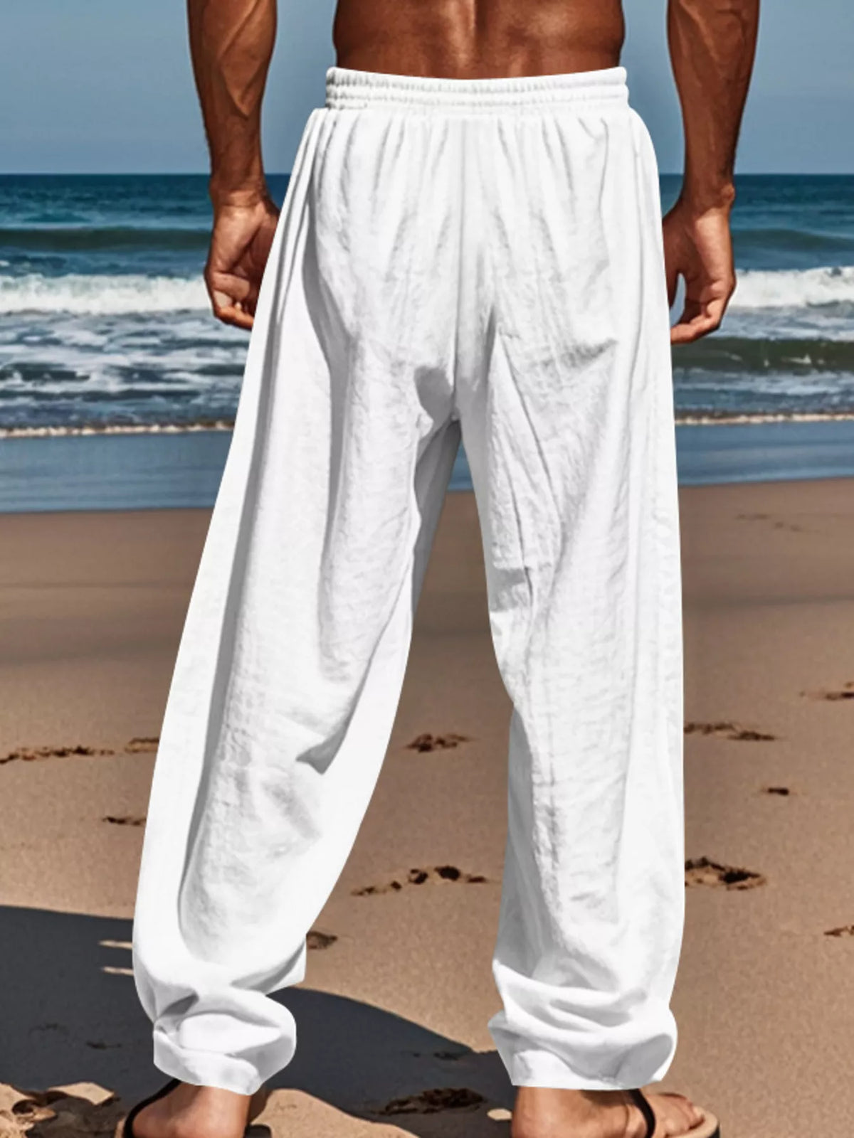 Rear view of the wide-leg drawstring pants