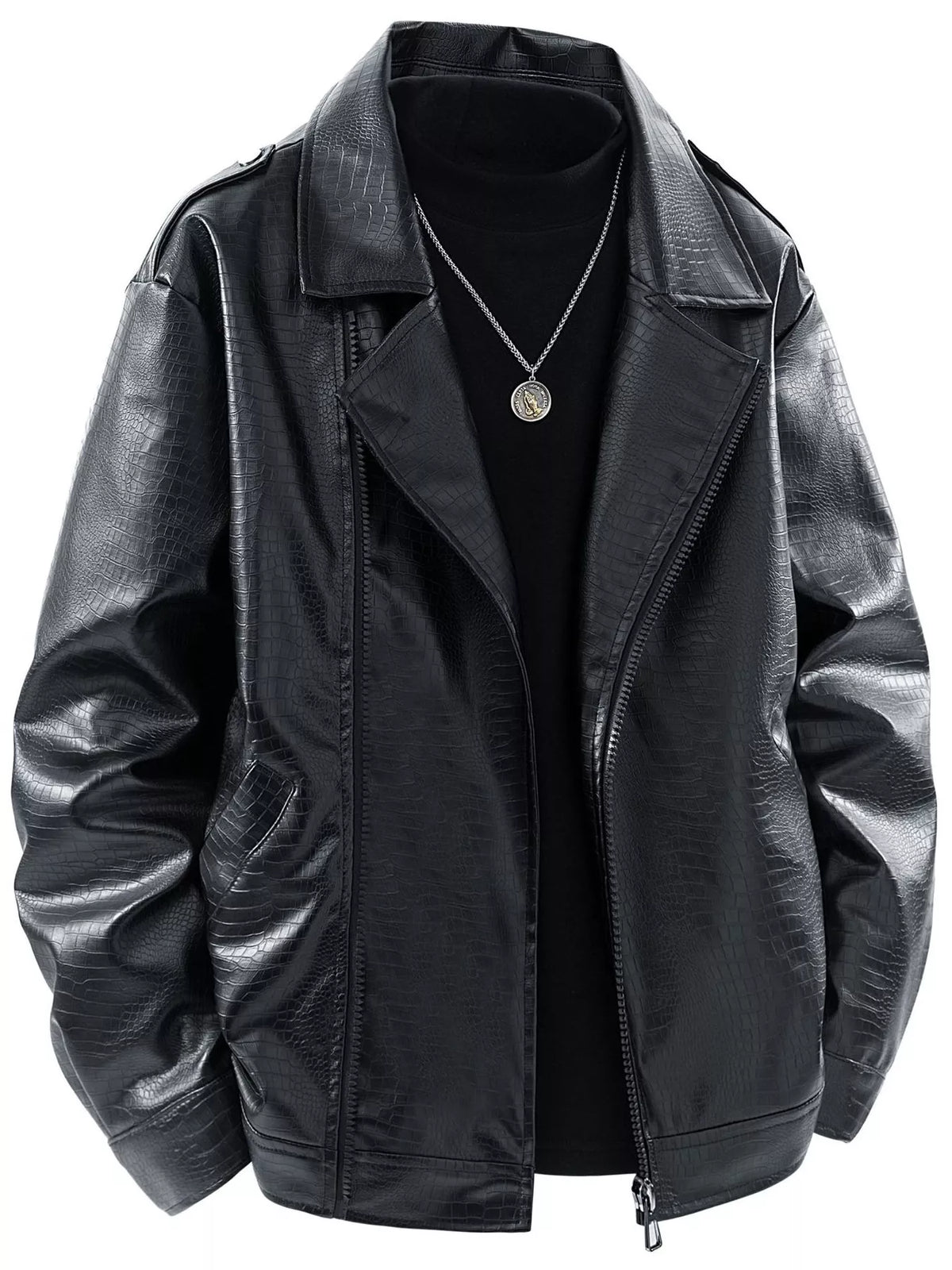 Front view of black lapel-collar jacket over a black shirt