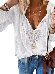 Close view of white blouse's sheer floral lace, V-neck and tied neckline