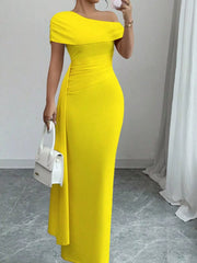 Yellow one-shoulder ruched maxi dress, front view