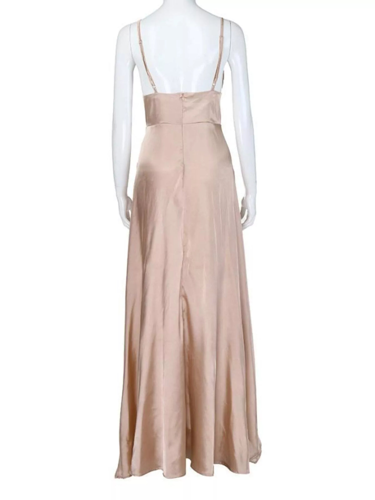 Back view of blush maxi dress showing slender straps and fitted bodice