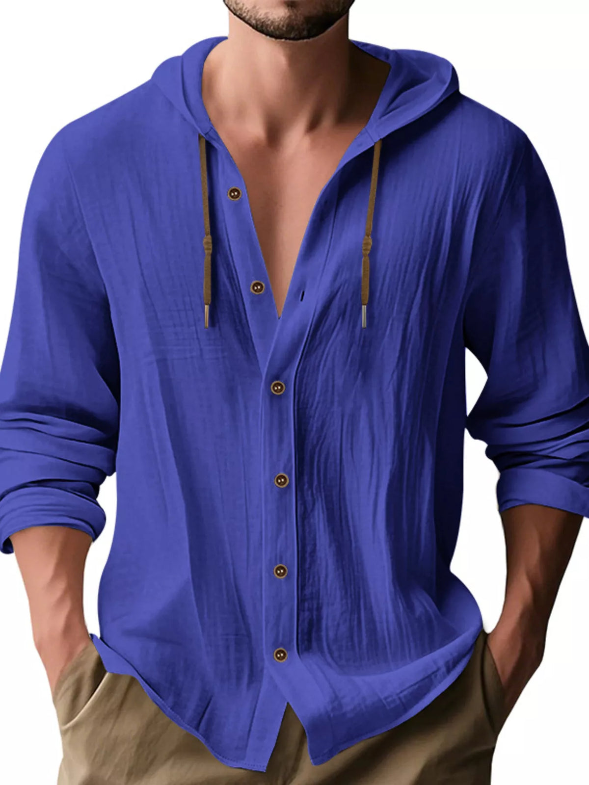 Model wearing royal blue hooded button-up shirt