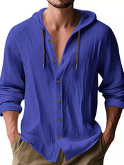 Model wearing royal blue hooded button-up shirt