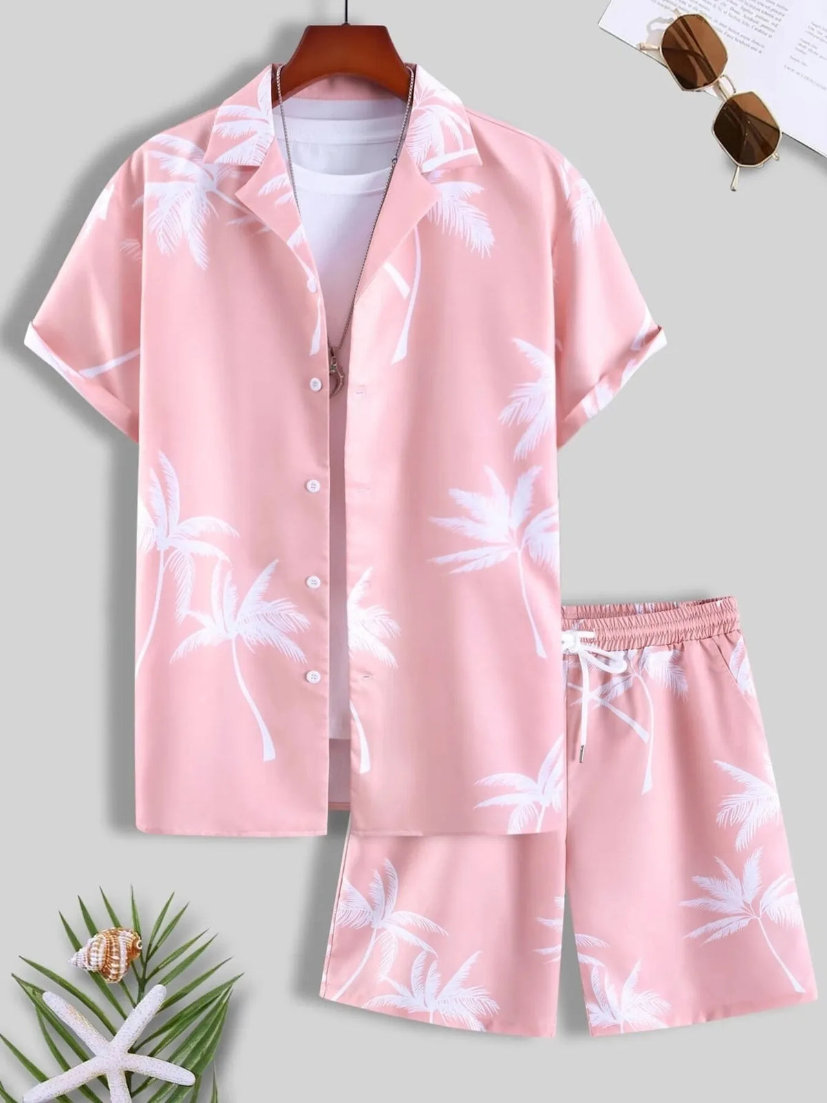 Brown palm-print button-up shirt and shorts set