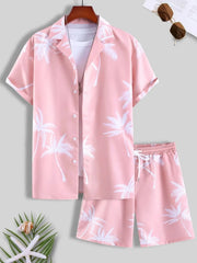 Brown palm-print button-up shirt and shorts set