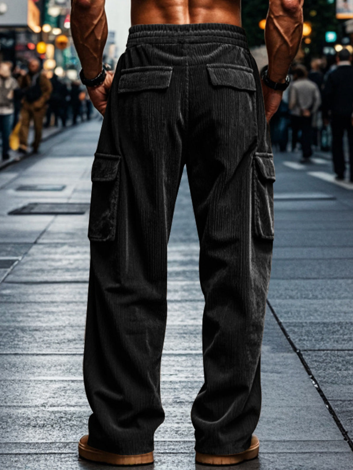Man wearing light gray corduroy cargo pants with side pockets