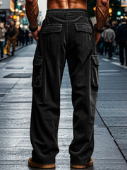 Man wearing light gray corduroy cargo pants with side pockets