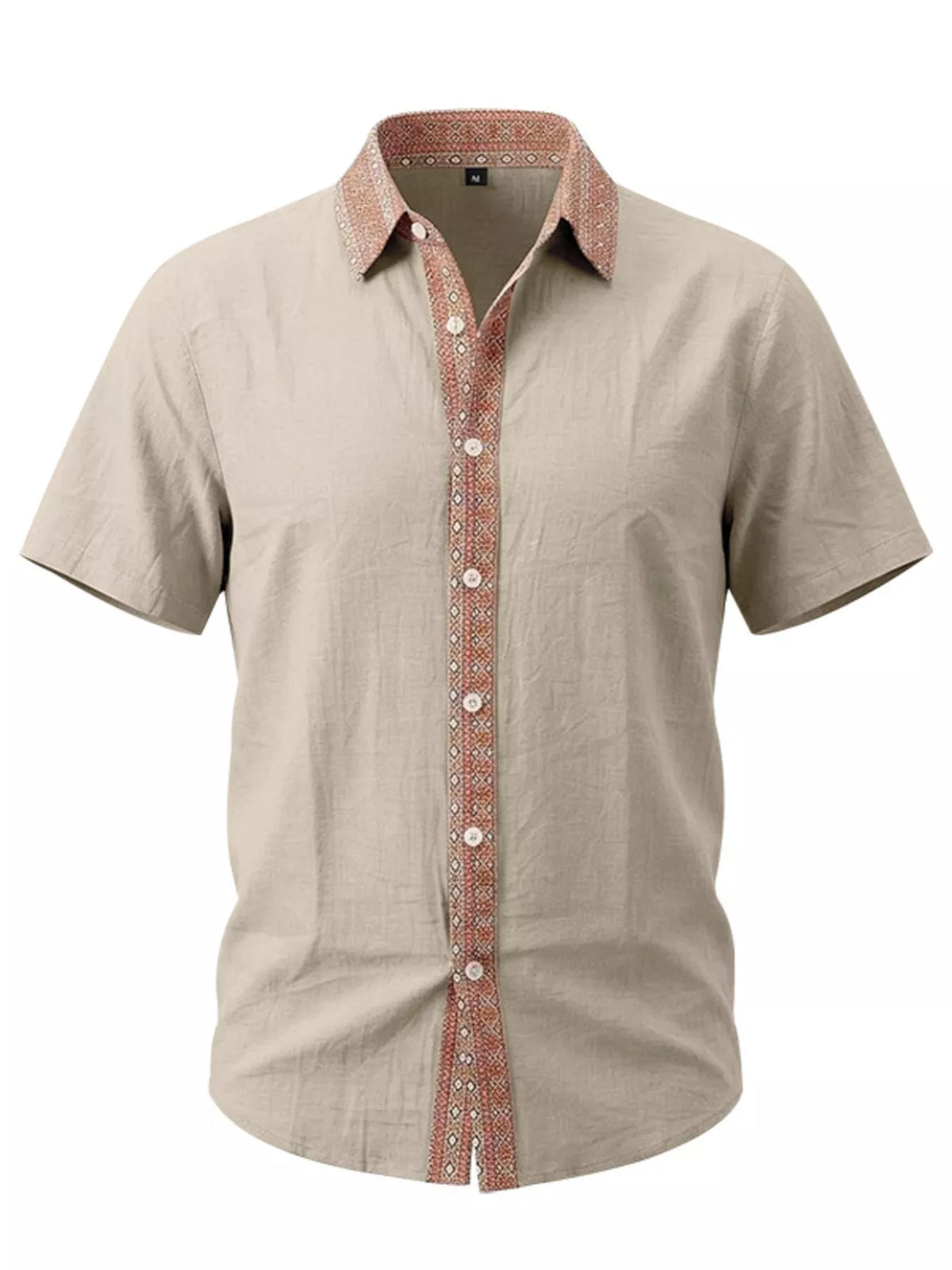 Beige shirt with rust contrast trim shown on white background