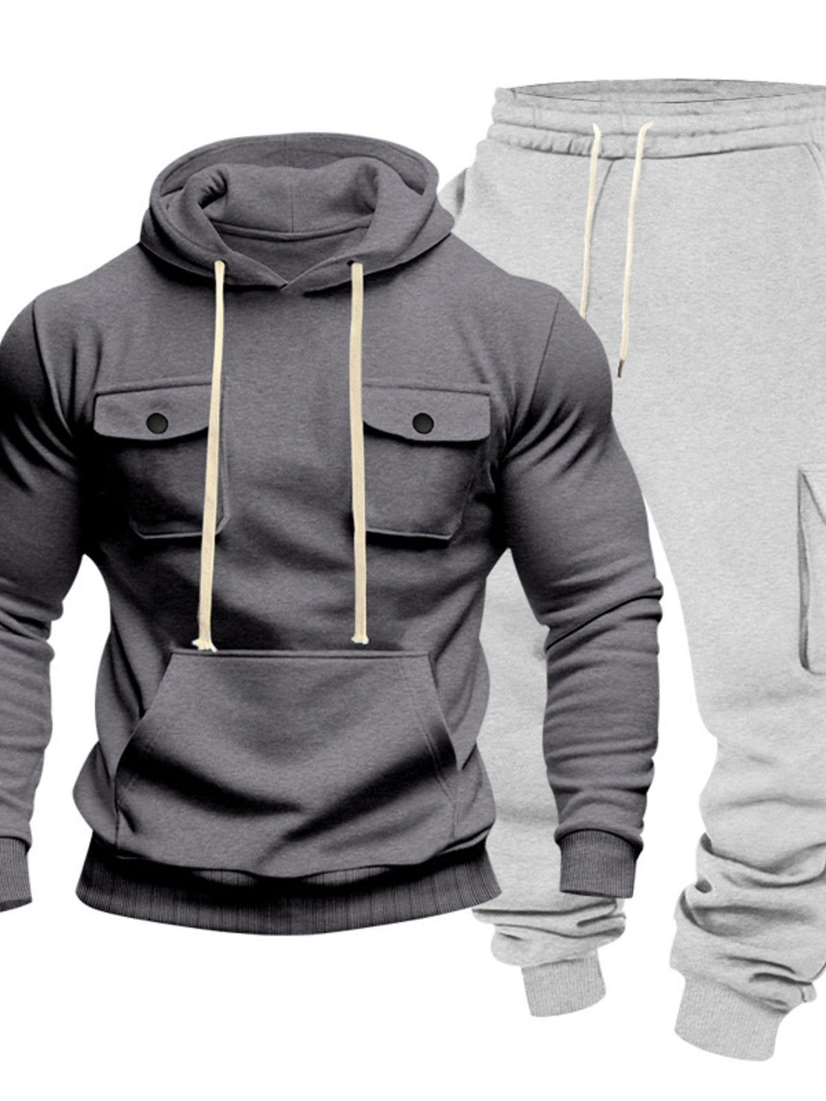 Charcoal hoodie with chest flap pockets displayed beside light grey cargo sweatpants