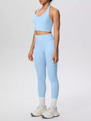 Front view of pale blue halter crop top and matching leggings