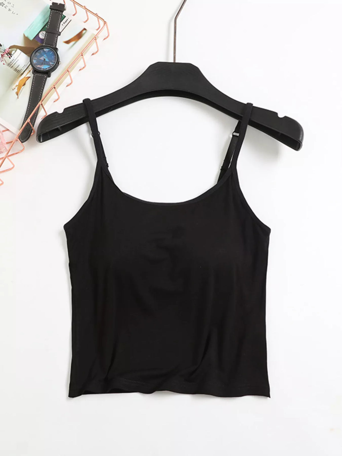 Black padded cami and shorts set on hanger