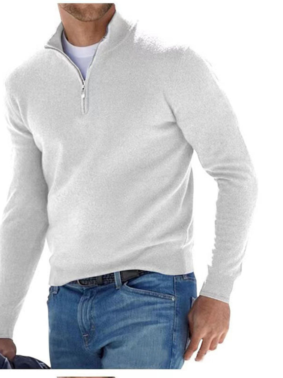 White quarter-zip sweater modeled with blue jeans