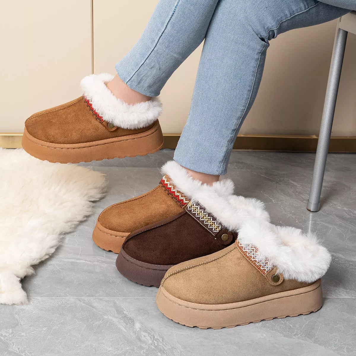 Tan platform ankle boots with plush white lining, worn view